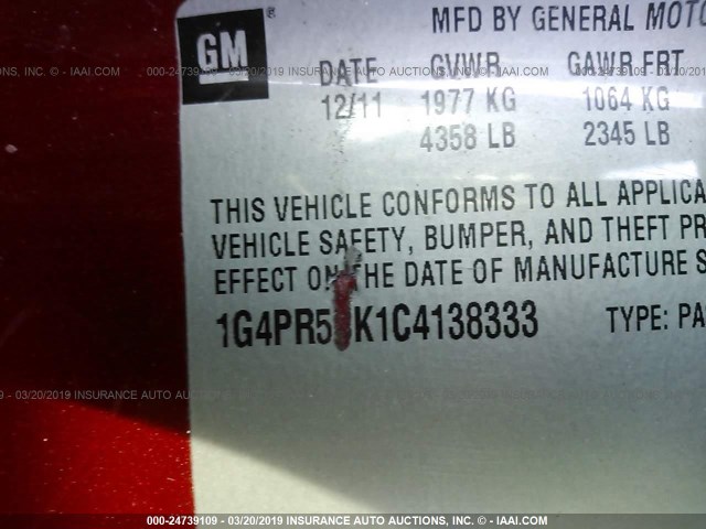 1G4PR5SK1C4138333 - 2012 BUICK VERANO CONVENIENCE RED photo 9