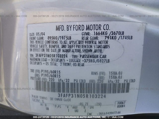 3FAFP31N05R103224 - 2005 FORD FOCUS ZX3 SILVER photo 9