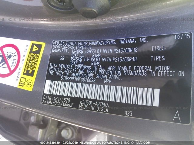 5TDKKRFH9FS070638 - 2015 TOYOTA HIGHLANDER XLE GRAY photo 9