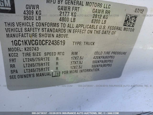 1GC1KVCG0CF243619 - 2012 CHEVROLET SILVERADO K2500 HEAVY DUTY WHITE photo 9