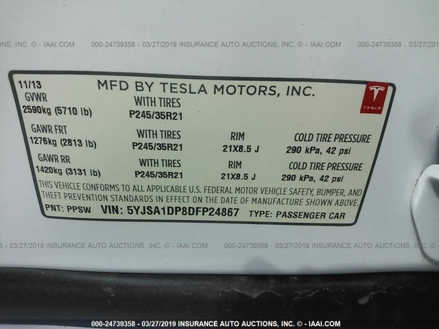5YJSA1DP8DFP24867 - 2013 TESLA MODEL S Սպիտակ լուսանկար 9