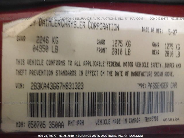 2B3KA43G67H831323 - 2007 DODGE CHARGER SE/SXT RED photo 9