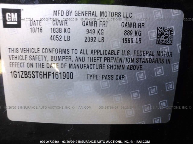 1G1ZB5ST6HF161900 - 2017 CHEVROLET MALIBU LS BLACK photo 9