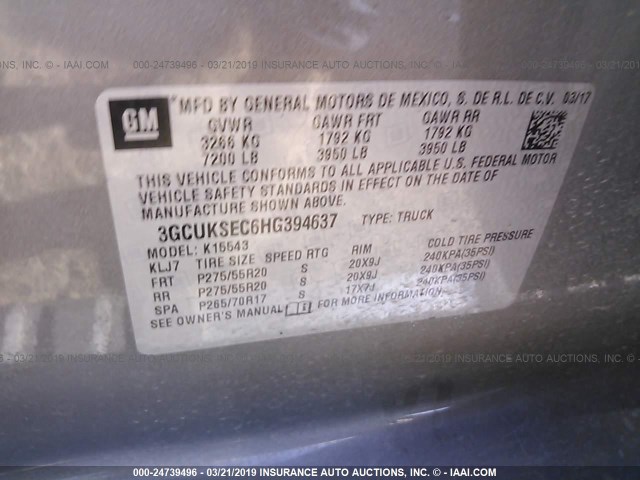 3GCUKSEC6HG394637 - 2017 CHEVROLET SILVERADO K1500 LTZ SILVER photo 9