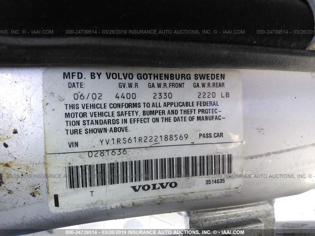 YV1RS61R222188569 - 2002 VOLVO S60 SILVER photo 9