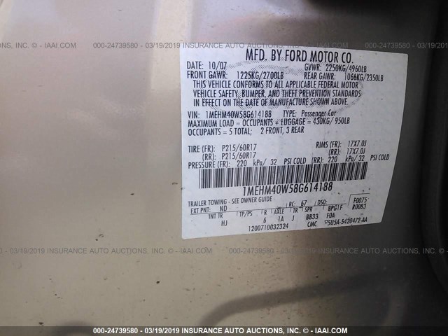 1MEHM40W58G614188 - 2008 MERCURY SABLE LUXURY TAN photo 9