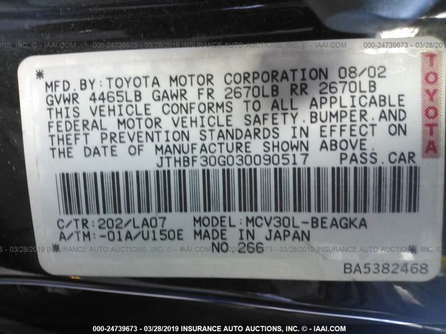 JTHBF30G030090517 - 2003 LEXUS ES 300 BLACK photo 9