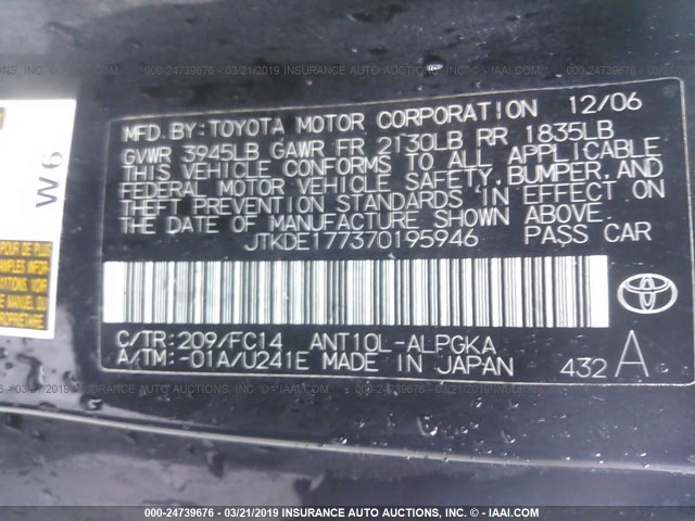 JTKDE177370195946 - 2007 TOYOTA SCION TC BLACK photo 9