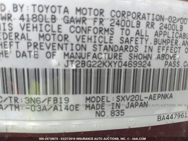 JT2BG22KXY0469924 - 2000 TOYOTA CAMRY CE/LE/XLE 勃艮第红 照片 9