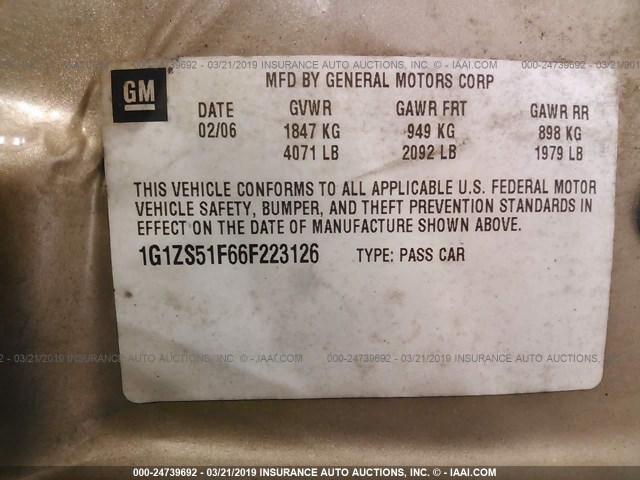 1G1ZS51F66F223126 - 2006 CHEVROLET MALIBU LS GOLD photo 9