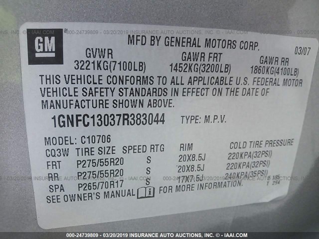 1GNFC13037R383044 - 2007 CHEVROLET TAHOE C1500 GRAY photo 9