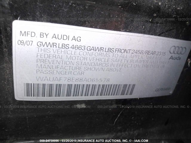 WAUAF78E88A065578 - 2008 AUDI A4 2.0T BLACK photo 9