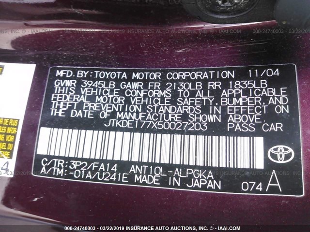 JTKDE177X50027203 - 2005 TOYOTA SCION TC PURPLE photo 9