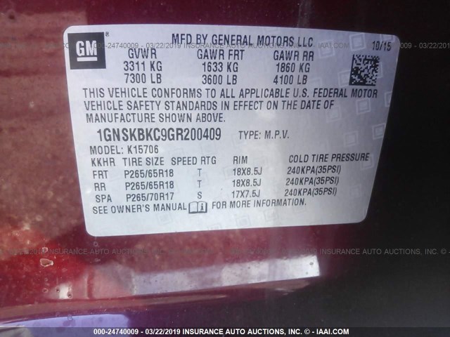 1GNSKBKC9GR200409 - 2016 CHEVROLET TAHOE K1500 LT RED photo 9