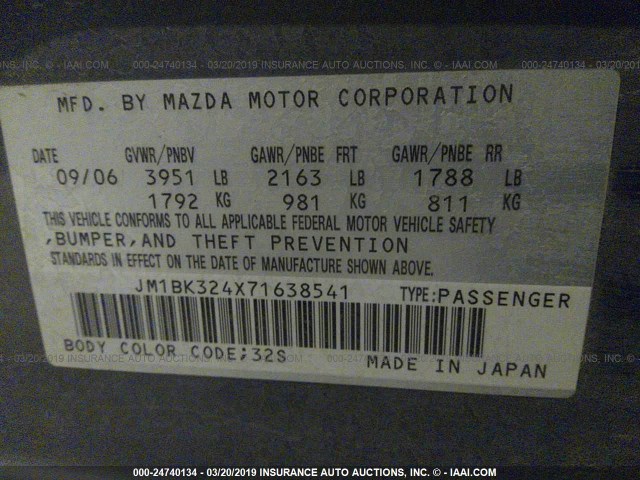 JM1BK324X71638541 - 2007 MAZDA 3 S GRAY photo 9