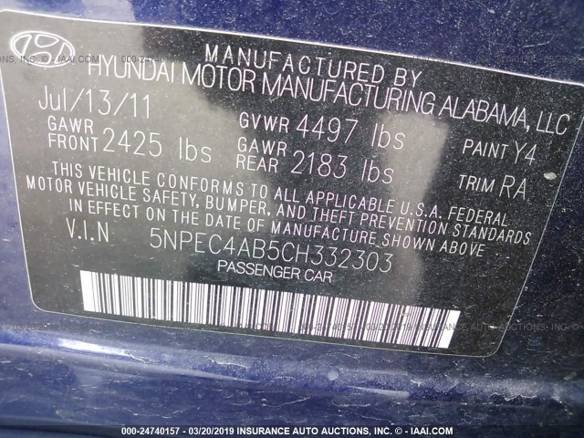 5NPEC4AB5CH332303 - 2012 HYUNDAI SONATA SE/LIMITED BLUE photo 9