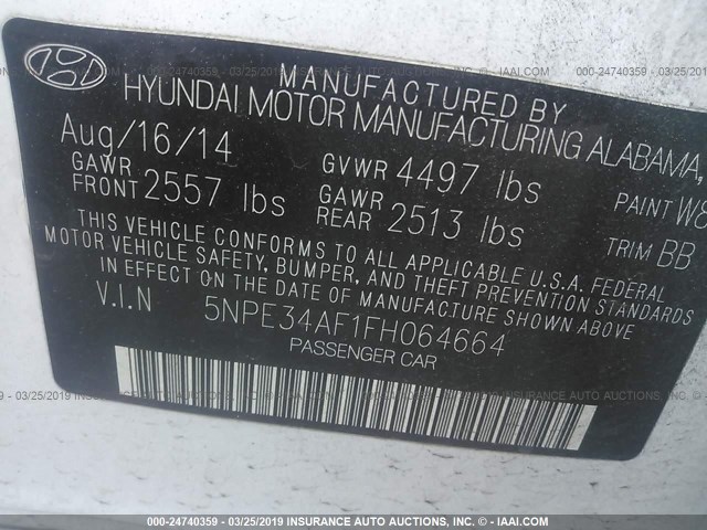 5NPE34AF1FH064664 - 2015 HYUNDAI SONATA SPORT/LIMITED WHITE photo 9