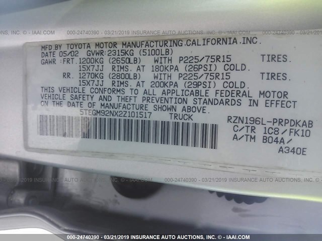 5TEGM92NX2Z101517 - 2002 TOYOTA TACOMA DOUBLE CAB PRERUNNER GRAY photo 9