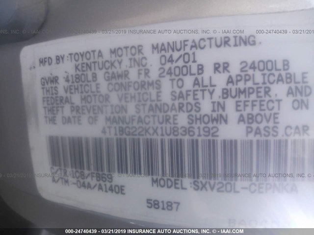 4T1BG22KX1U836192 - 2001 TOYOTA CAMRY CE/LE/XLE SILVER photo 9