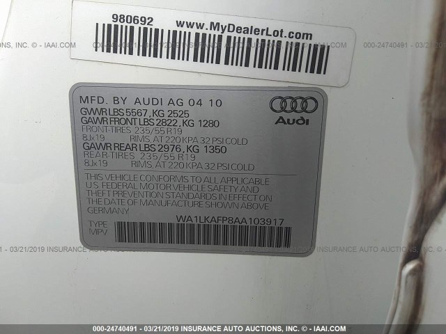 WA1LKAFP8AA103917 - 2010 AUDI Q5 PREMIUM PLUS WHITE photo 9