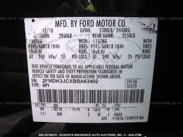 2FMDK3JCXBBA63402 - 2011 FORD EDGE SEL BLACK photo 9