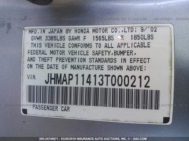 JHMAP11413T000212 - 2003 HONDA S2000 SILVER photo 9