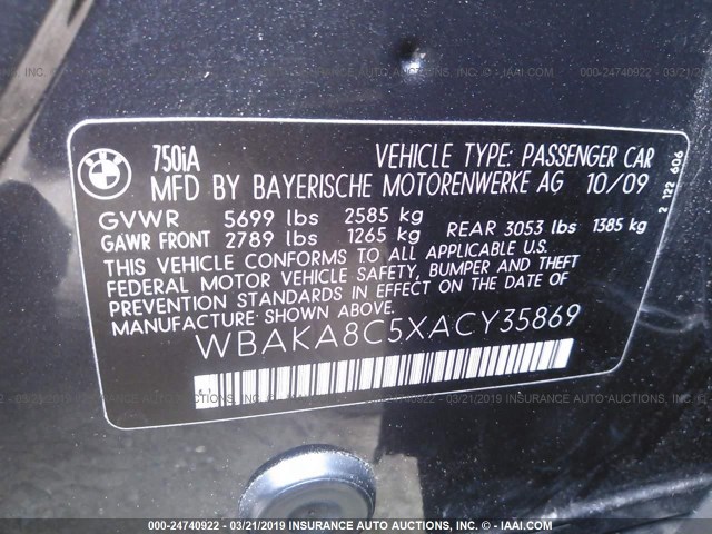 WBAKA8C5XACY35869 - 2010 BMW 750 I GRAY photo 9