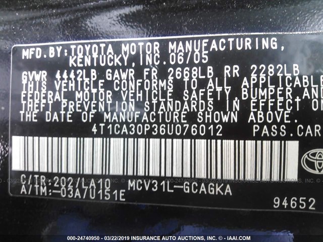 4T1CA30P36U076012 - 2006 TOYOTA CAMRY SOLARA SE/SLE BLACK photo 9