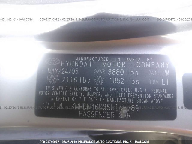 KMHDN46D35U145789 - 2005 HYUNDAI ELANTRA GLS/GT SILVER photo 9