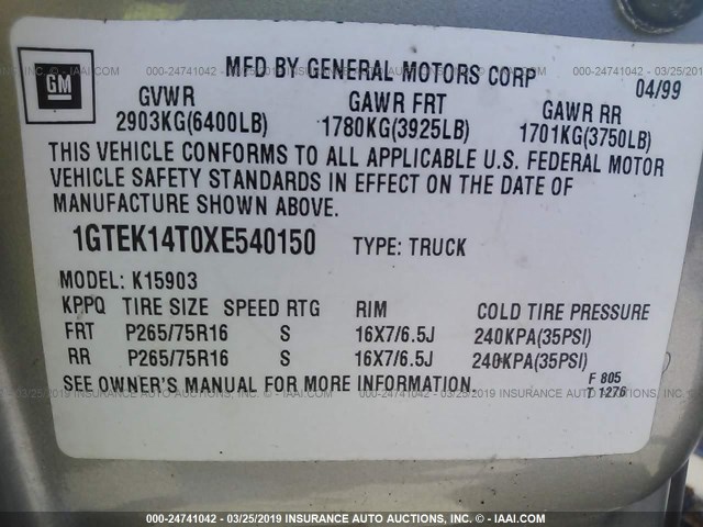 1GTEK14T0XE540150 - 1999 GMC NEW SIERRA K1500 Champagne photo 9