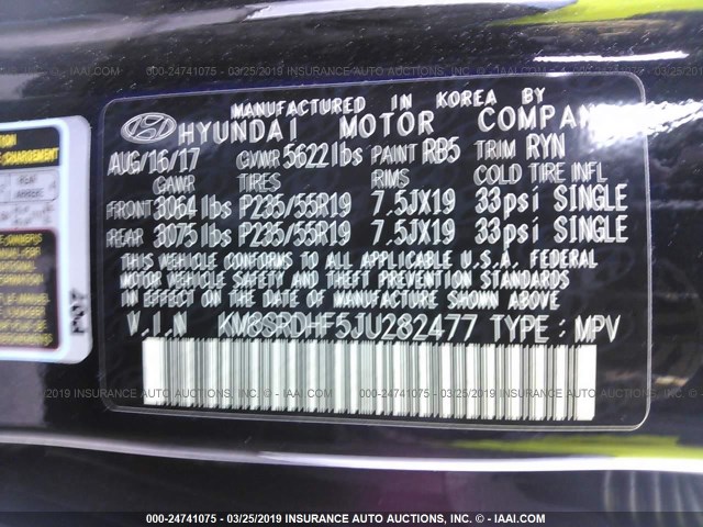 KM8SRDHF5JU282477 - 2018 HYUNDAI SANTA FE SE/LIMITED BLACK photo 9