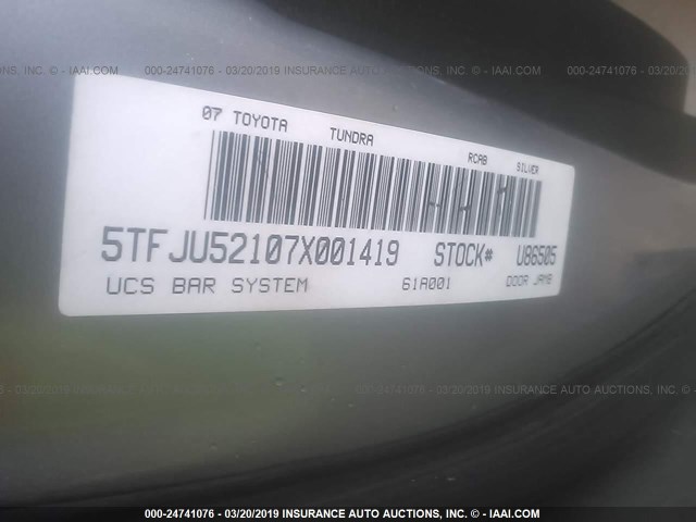 5TFJU52107X001419 - 2007 TOYOTA TUNDRA SILVER photo 9