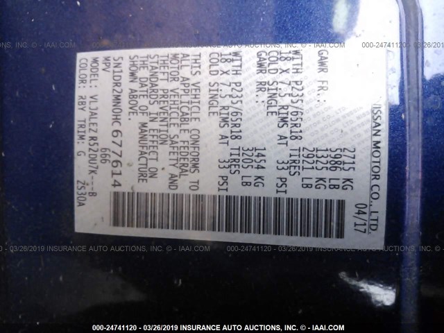 5N1DR2MN0HC677614 - 2017 NISSAN PATHFINDER S/SV/SL/PLATINUM BLUE photo 9