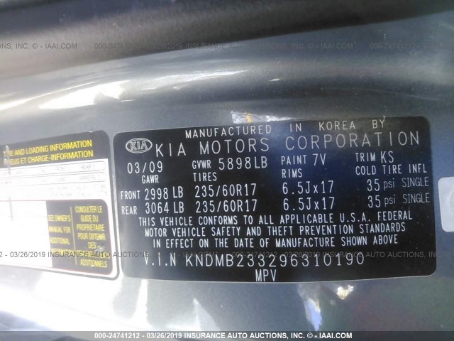 KNDMB233296310190 - 2009 KIA SEDONA EX/LX GRAY photo 9