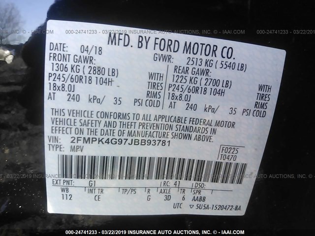 2FMPK4G97JBB93781 - 2018 FORD EDGE SE BLACK photo 9