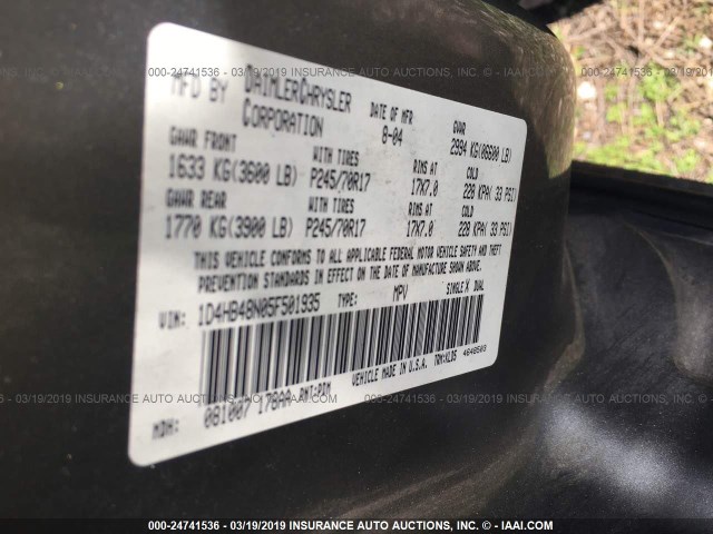 1D4HB48N05F501935 - 2005 DODGE DURANGO SLT GRAY photo 9