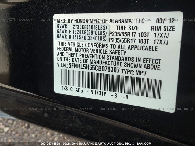 5FNRL5H65CB076307 - 2012 HONDA ODYSSEY EXL BLACK photo 9