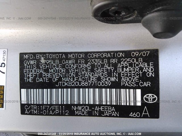 JTDKB20U887710039 - 2008 TOYOTA PRIUS SILVER photo 9