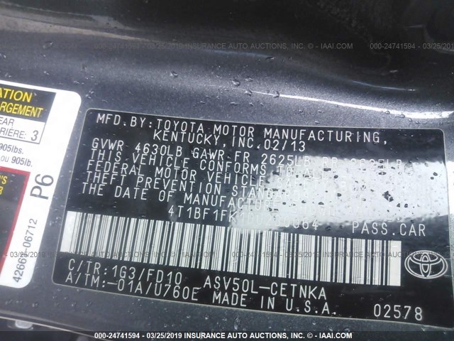 4T1BF1FK1DU230064 - 2013 TOYOTA CAMRY L/SE/LE/XLE 灰色 照片 9