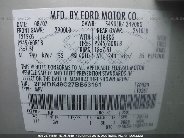 2FMDK49C27BB53161 - 2007 FORD EDGE SEL PLUS WHITE photo 9