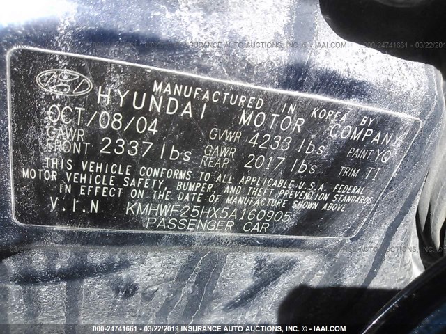 KMHWF25HX5A160905 - 2005 HYUNDAI SONATA GL BLUE photo 9