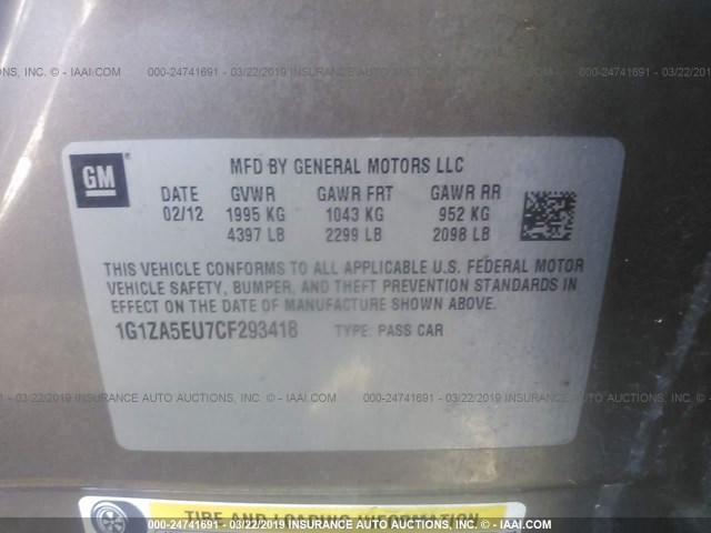 1G1ZA5EU7CF293418 - 2012 CHEVROLET MALIBU LS TAN photo 9