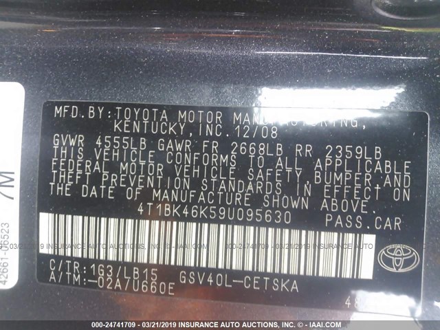 4T1BK46K59U095630 - 2009 TOYOTA CAMRY SE/LE/XLE GRAY photo 9