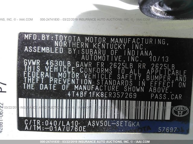 4T4BF1FK8ER357269 - 2014 TOYOTA CAMRY L/SE/LE/XLE 白色 照片 9