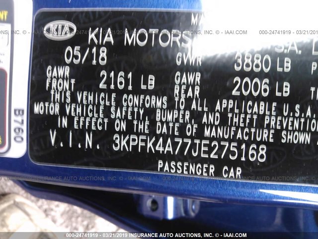 3KPFK4A77JE275168 - 2018 KIA FORTE LX Mavi foto 9