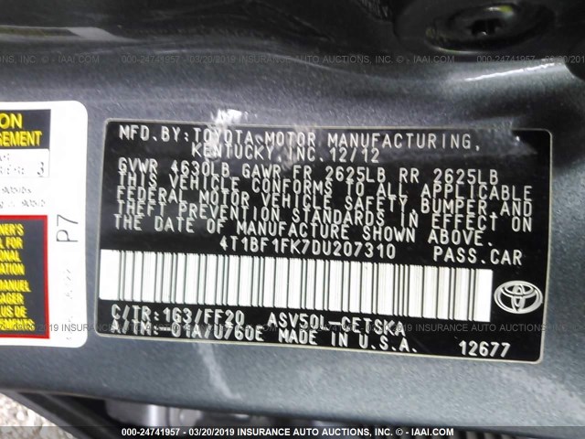 4T1BF1FK7DU207310 - 2013 TOYOTA CAMRY L/SE/LE/XLE 灰色 照片 9