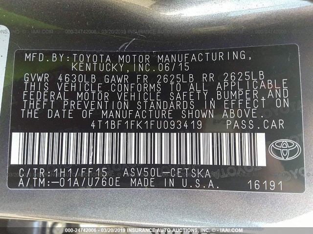 4T1BF1FK1FU093419 - 2015 TOYOTA CAMRY LE/XLE/SE/XSE GRAY photo 9