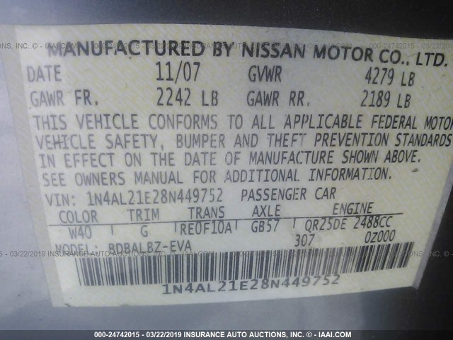 1N4AL21E28N449752 - 2008 NISSAN ALTIMA 2.5/2.5S GRAY photo 9