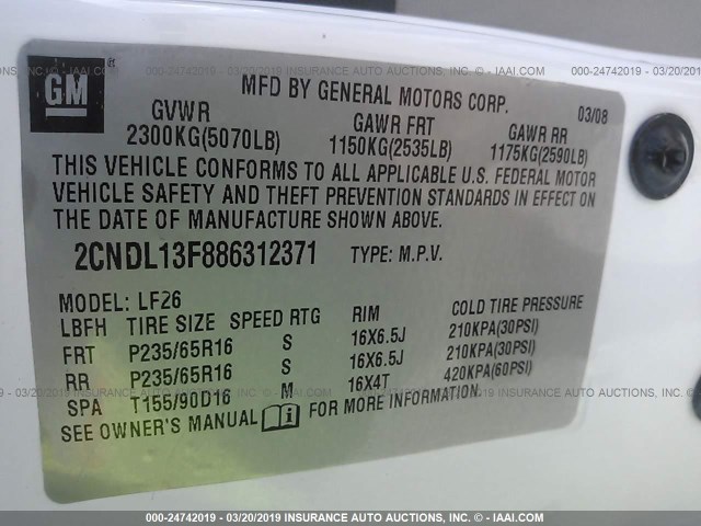 2CNDL13F886312371 - 2008 CHEVROLET EQUINOX LS WHITE photo 9