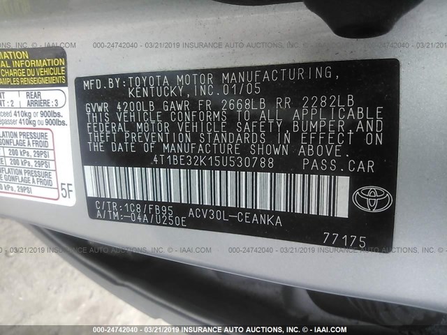 4T1BE32K15U530788 - 2005 TOYOTA CAMRY LE/XLE/SE SILVER photo 9